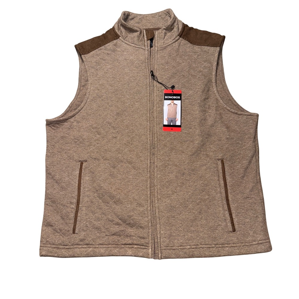 Bonobos Vest Medium Tan Quilted Back Faux Suede Trim Full Zip Outerwear